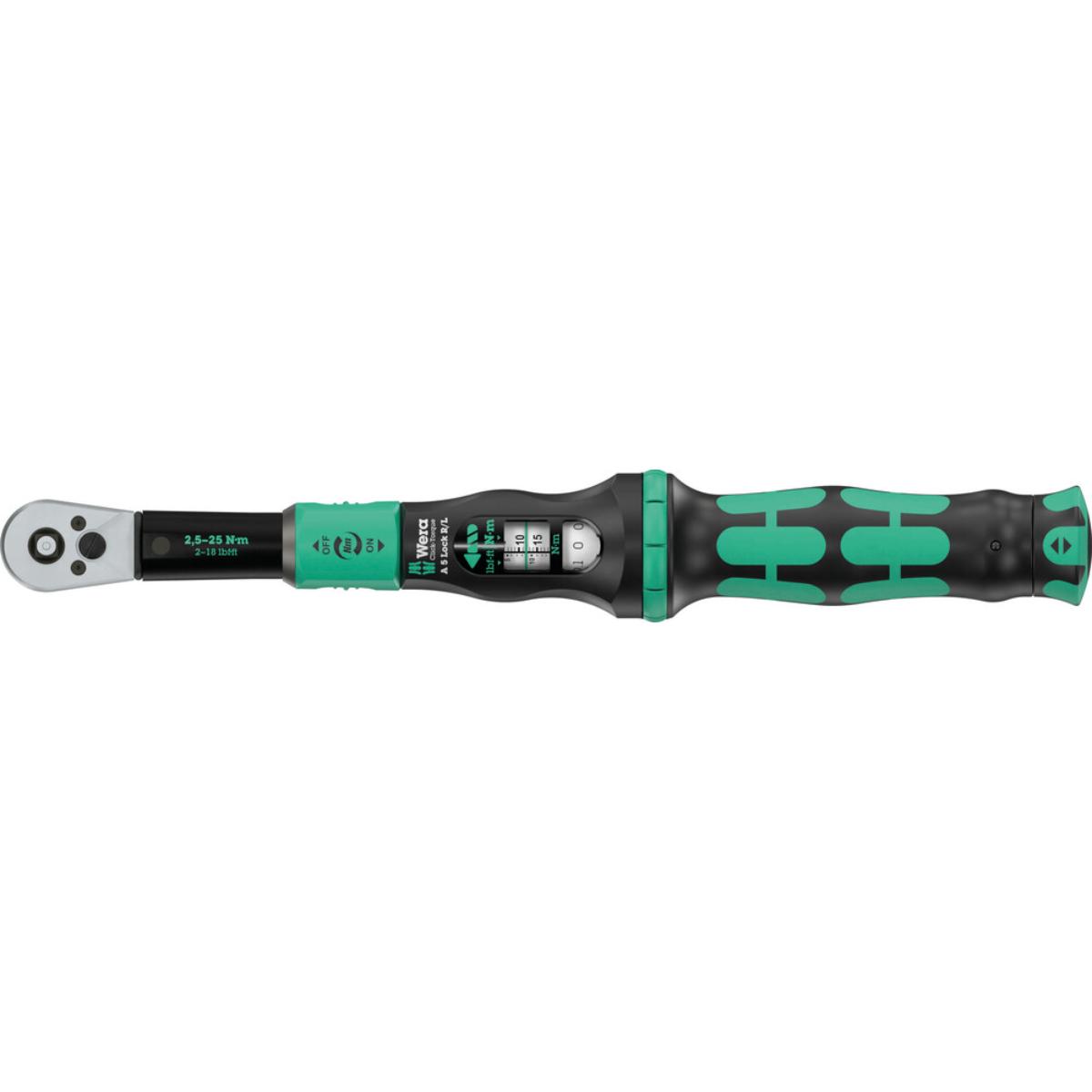 Wera Click-Torque Lock A 5 R/L Drehmomentschlüssel, einstellbar, Torque Lock Funktion, Durchsteckvierkant (1/4 zoll), Rechts-/Linksanzug, 2,5-25 Nm, 1/4 zoll x 2,5-25 Nm