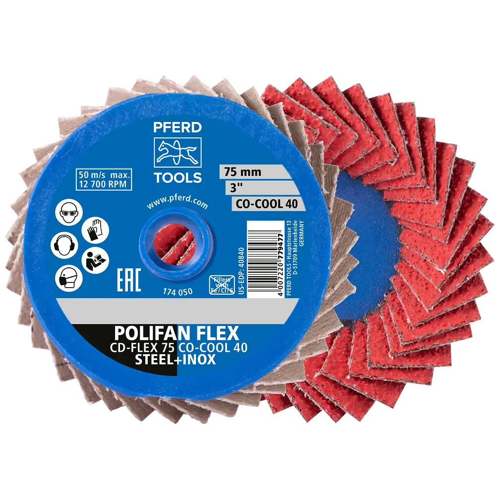 PFERD TOOLS COMBIDISC Flexibel Keramikkorn Mini-POLIFAN CD Ø 75mm CO-COOL120 für kühlen Schliff auf Edelstahl