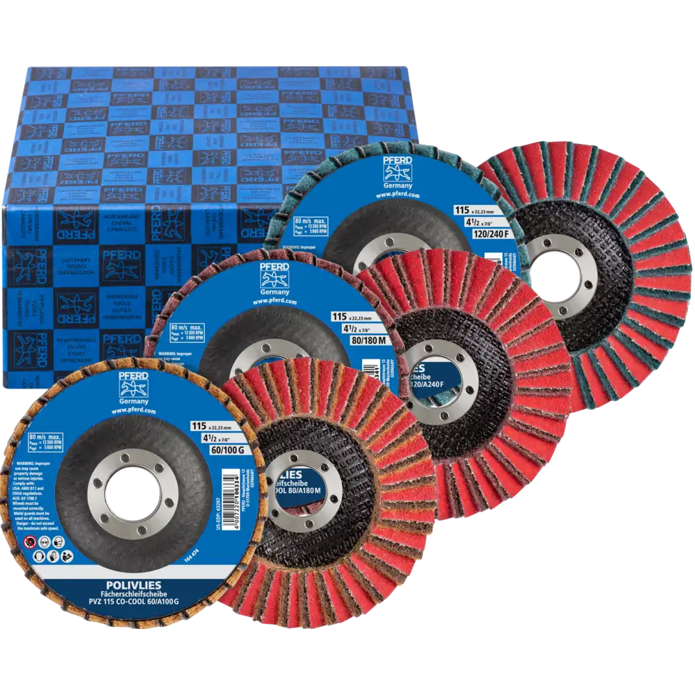 PFERD TOOLS POLIVLIES-Fächerscheiben Set PVZ Keramik 115mm Bohrung 22,23mm CO-COOL60/G,80/M,120/F