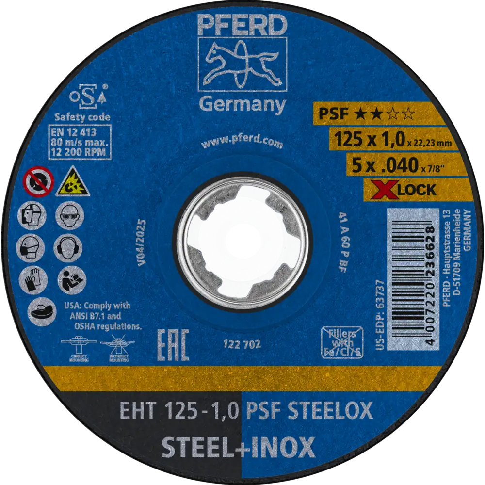 PFERD TOOLS Trennscheibe EHT 125x1,0mm X-LOCK gerade Universallinie PSF STEELOX für Stahl/Edelstahl, 10 St