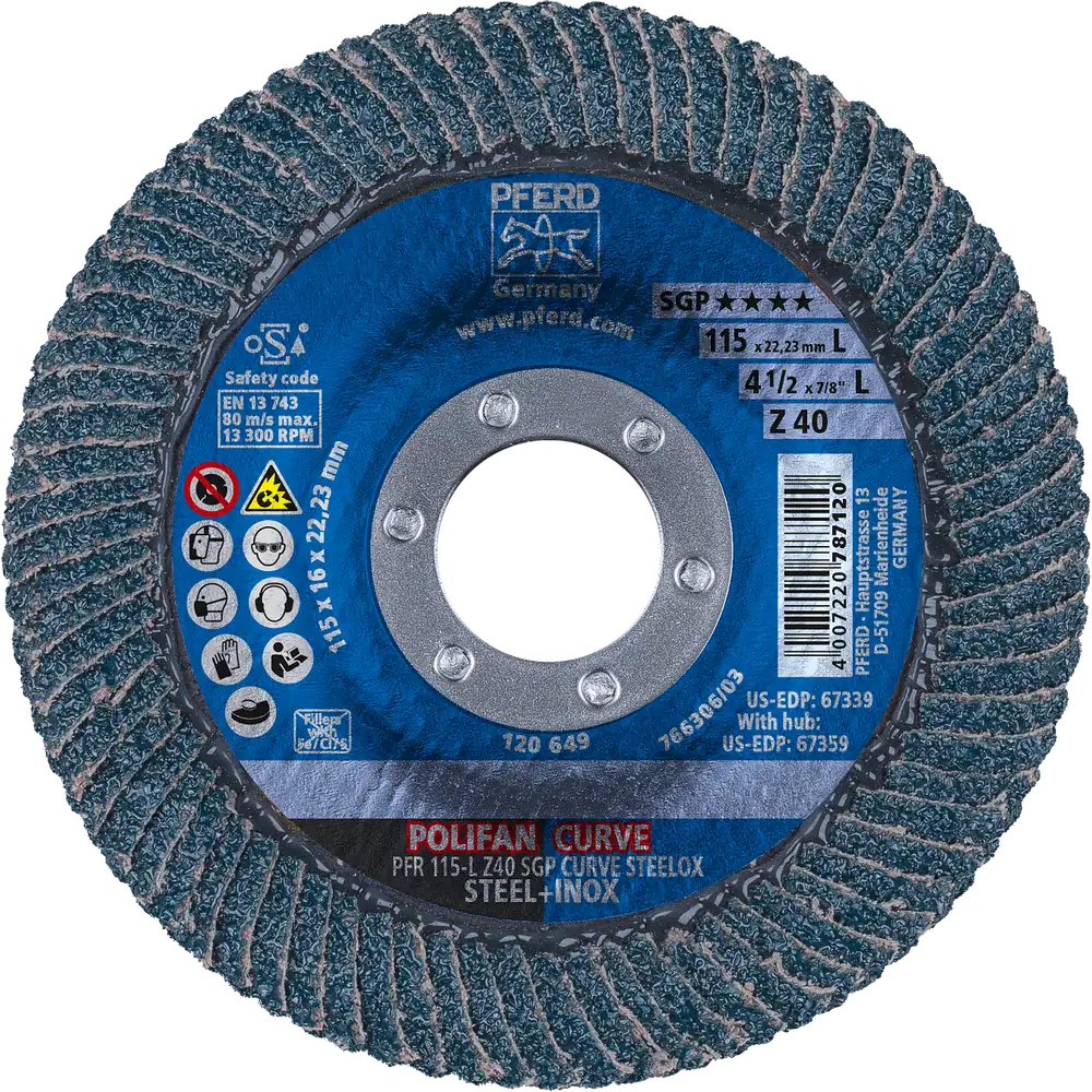 PFERD TOOLS POLIFAN CURVE Fächerscheibe PFR 115x22,23 mm Breite L Z40 SGP STEELOX für Stahl/Edelstahl (POS 2)