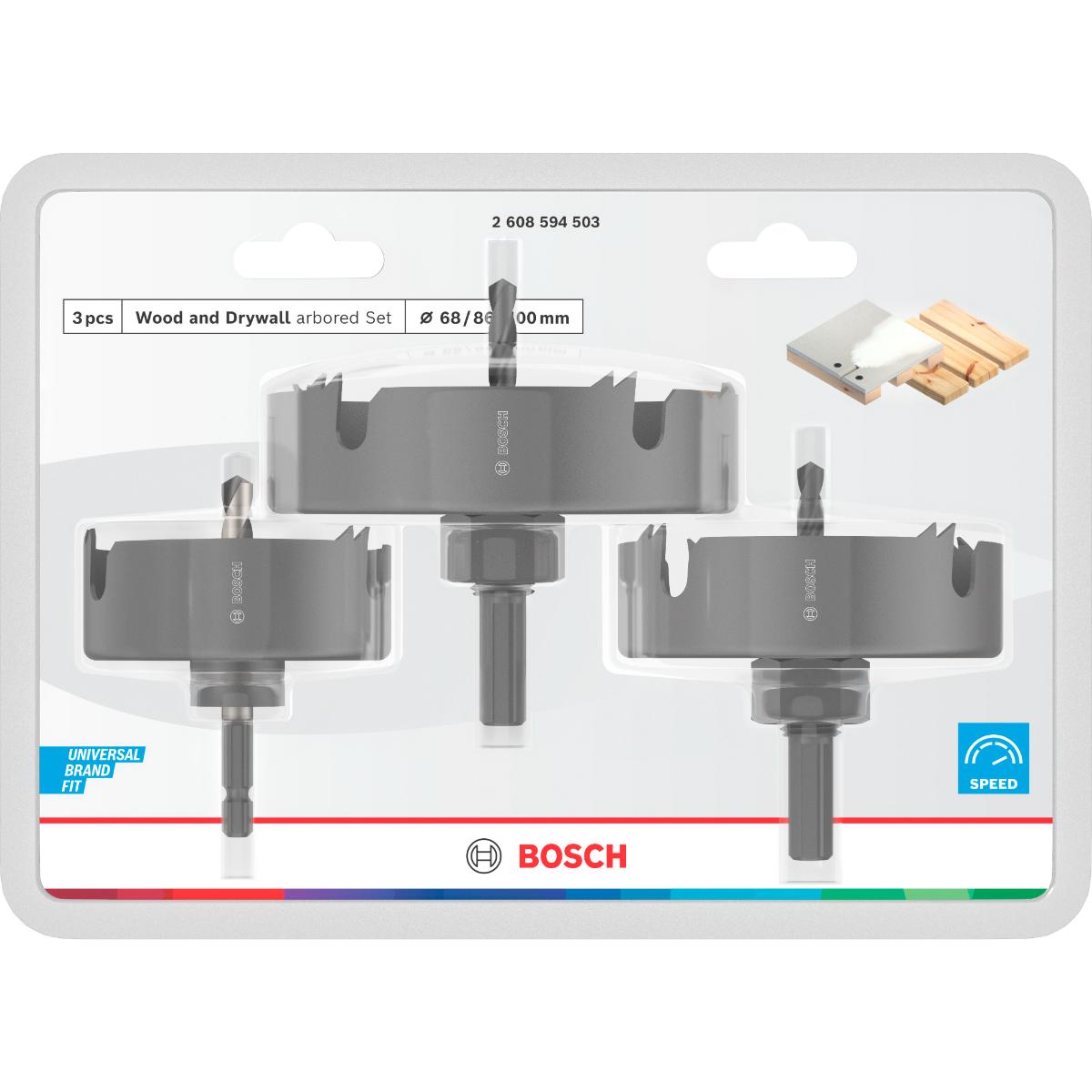 Bosch Wood and Drywall Lochsägen mit Aufsteckhalter+Zentrierbohrer, 68/86/100x27mm, 3-teiliges Set
