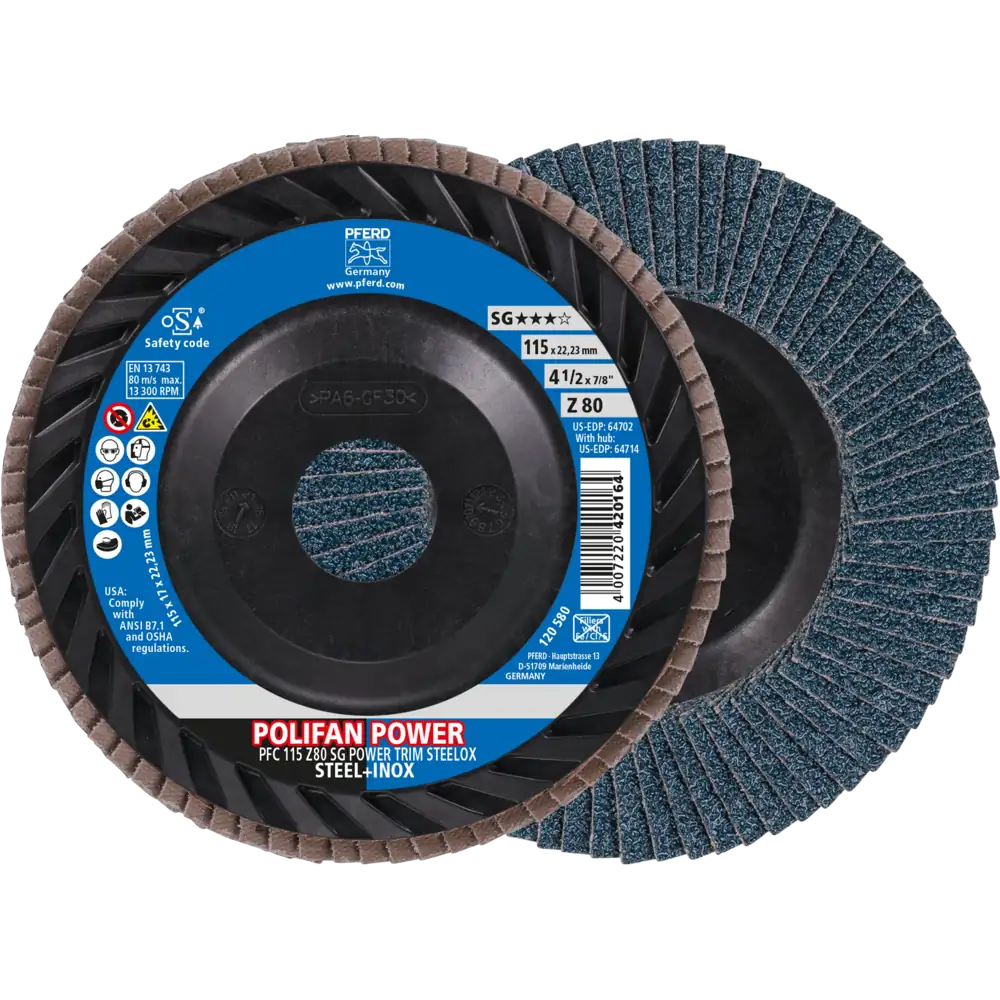 PFERD TOOLS POLIFAN POWER Fächerscheibe PFC konisch Leistungslinie SG TRIM STEELOX für Stahl/Edelstahl