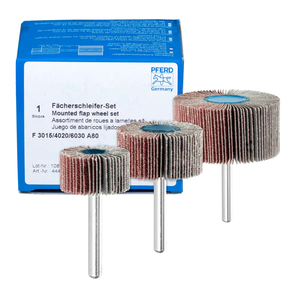 PFERD TOOLS Fächerschleifer-Set Korund A 80 30x15mm, 40x20mm und 60x30mm Schaft 6mm für Feinschliff