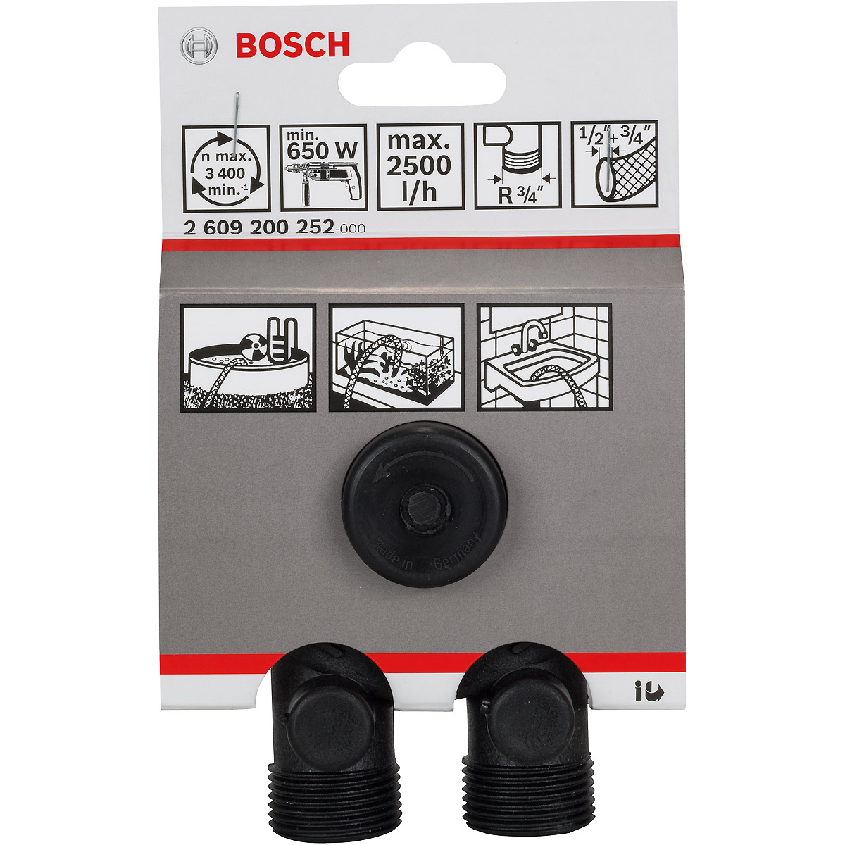 Bosch Wasserpumpe 2500 l/h, 1/2, 3/4 Zoll, R 3/4 Zoll, 4 m, 40 m, 30 Sekunden