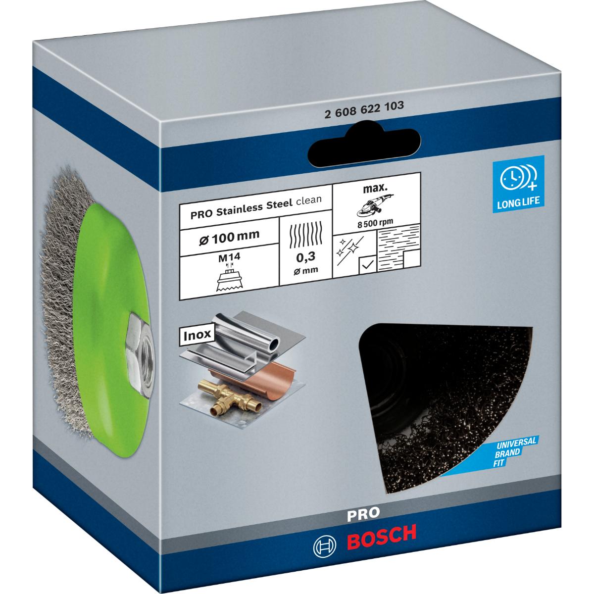 Bosch PRO Topfbürste, Edelstahl, gewellter Draht, M14, 8500-12500 U/min