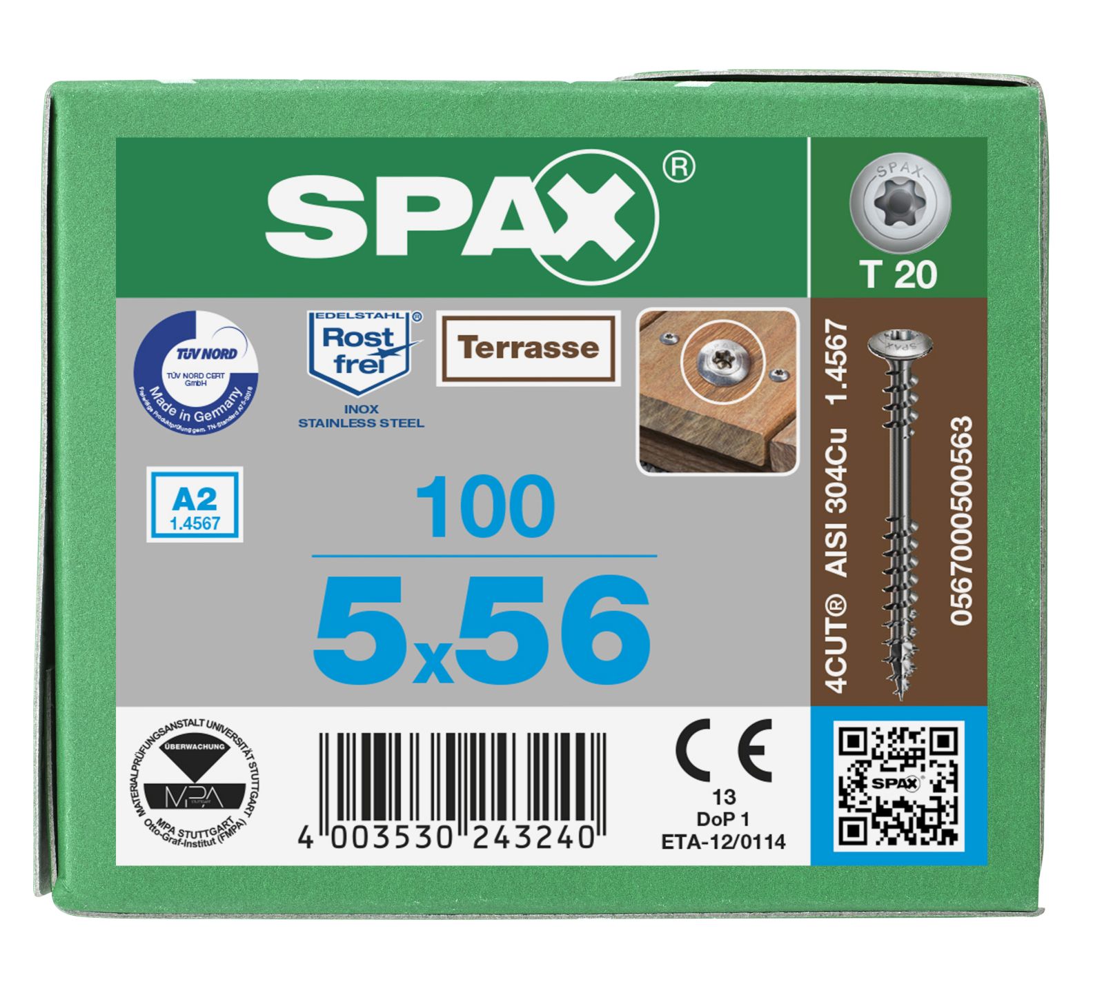 SPAX Terrassenschraube Bold Flachrundkopf T-Star Plus T20 Fixiergewinde 4Cutspitze A2 rostfrei, 100