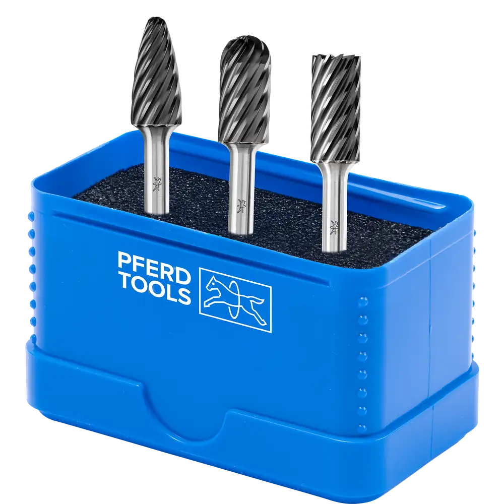 PFERD TOOLS Hartmetall Hochleistungsfrässtift Set 1907 INOX 3-tlg Ø 12mm Schaft-Ø 6mm HICOAT beschichtet beschichtet für Edelstahl