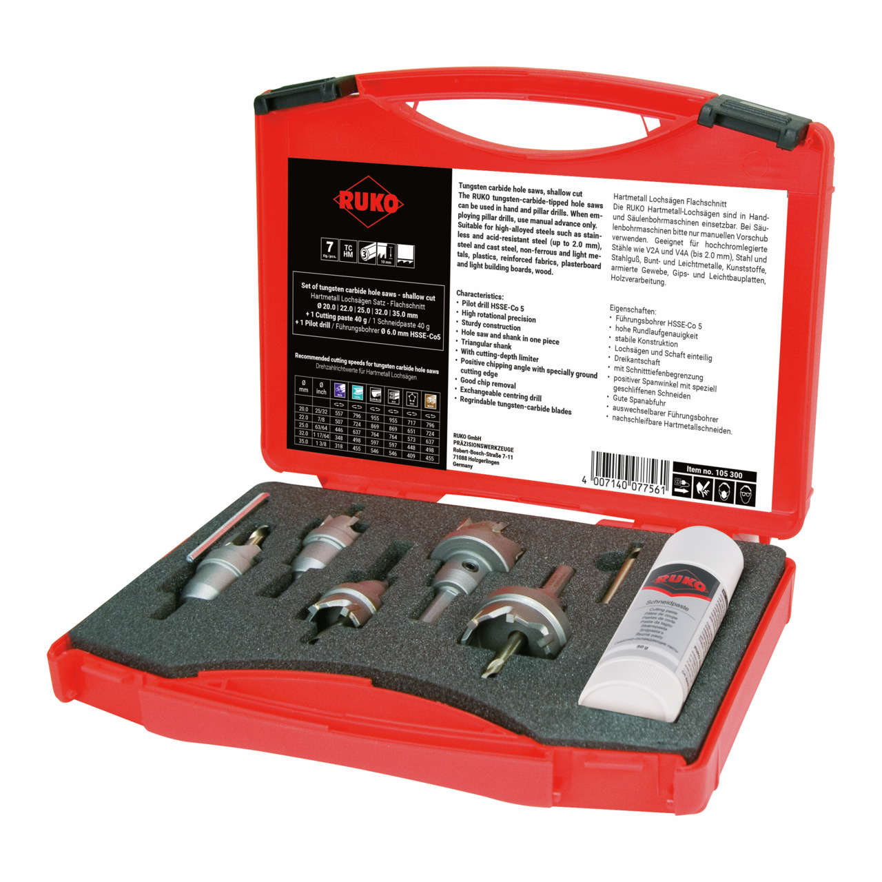 RUKO Hartmetall-Lochsägen-Satz Flachschnitt-Satz -7-tlg.