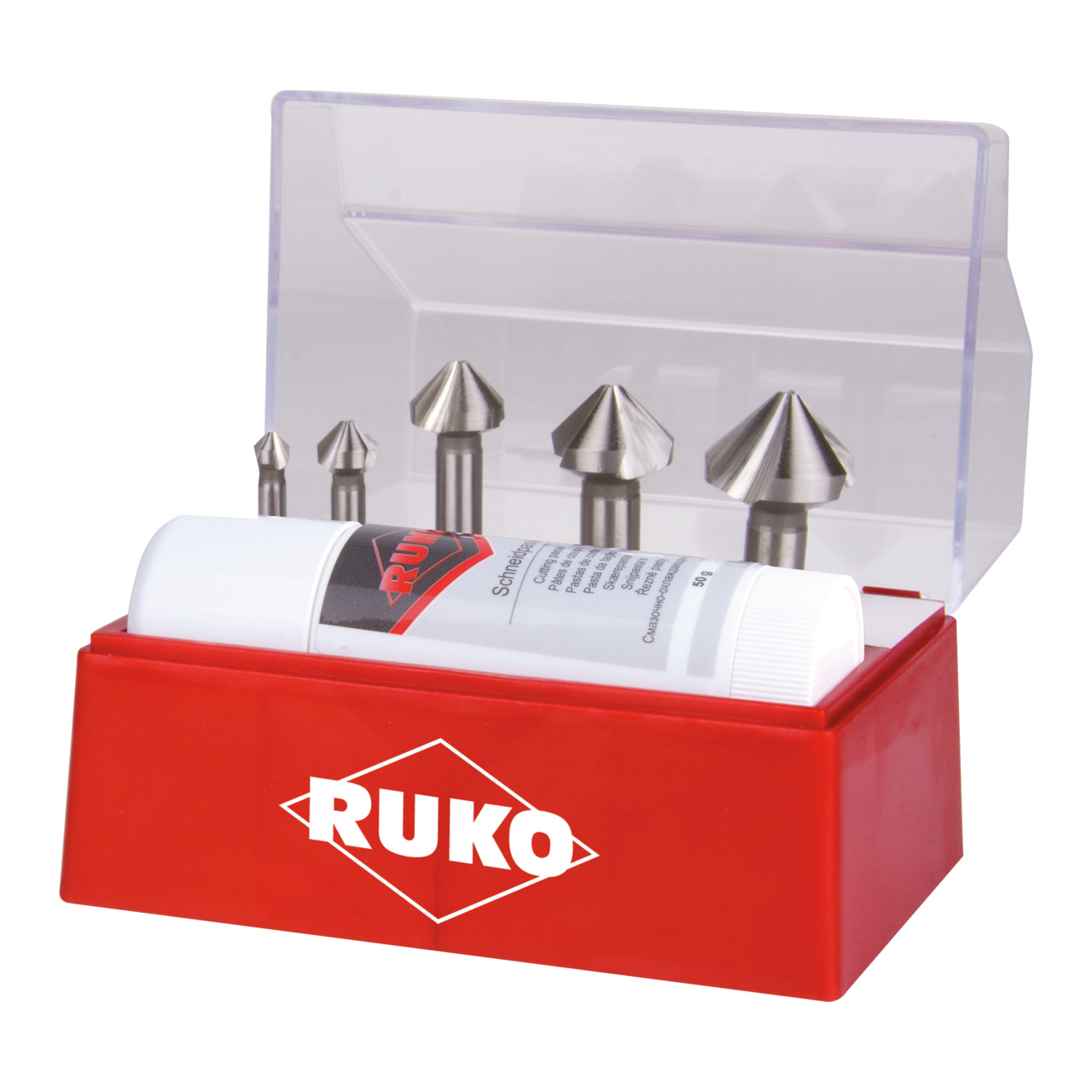 RUKO Kegelsenker-Satz DIN 335 Form C 90° HSS-Co 5 + Schneidpaste 50 ml - 6-tlg.