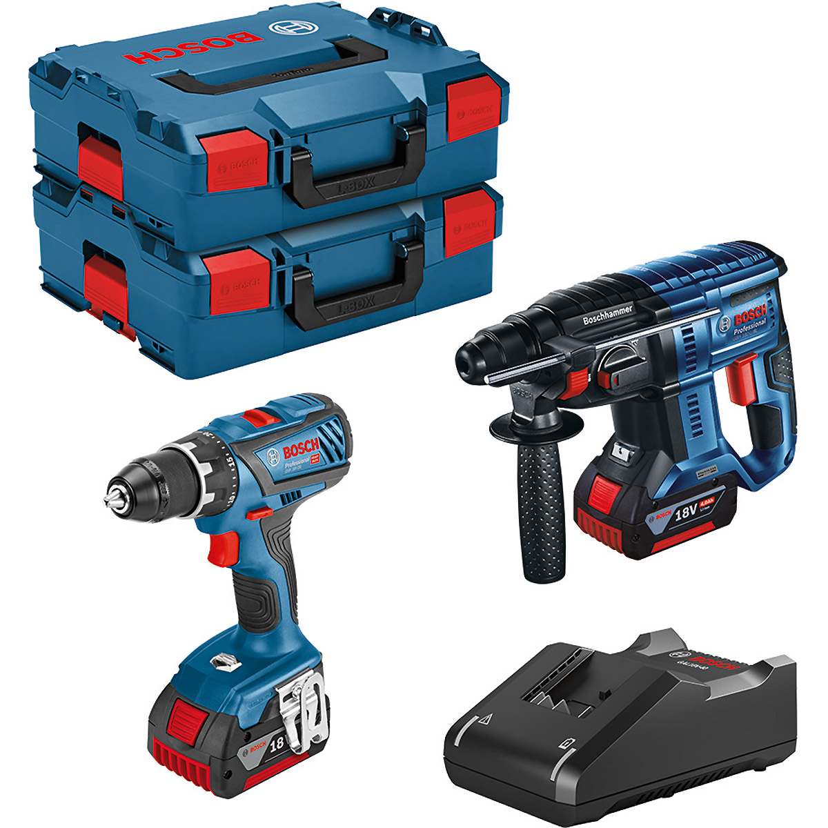 Bosch 18V-Set: GSR 18V-28 + GBH 18V-21 + 2 x GBA 4.0Ah + GAL 18V-40 + L-BOXX