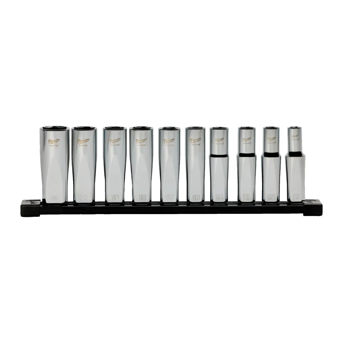 Milwaukee Steckschlüsseleinsatz 1/2" lang Set 6-kant metrisch, 10-teilig auf Schiene