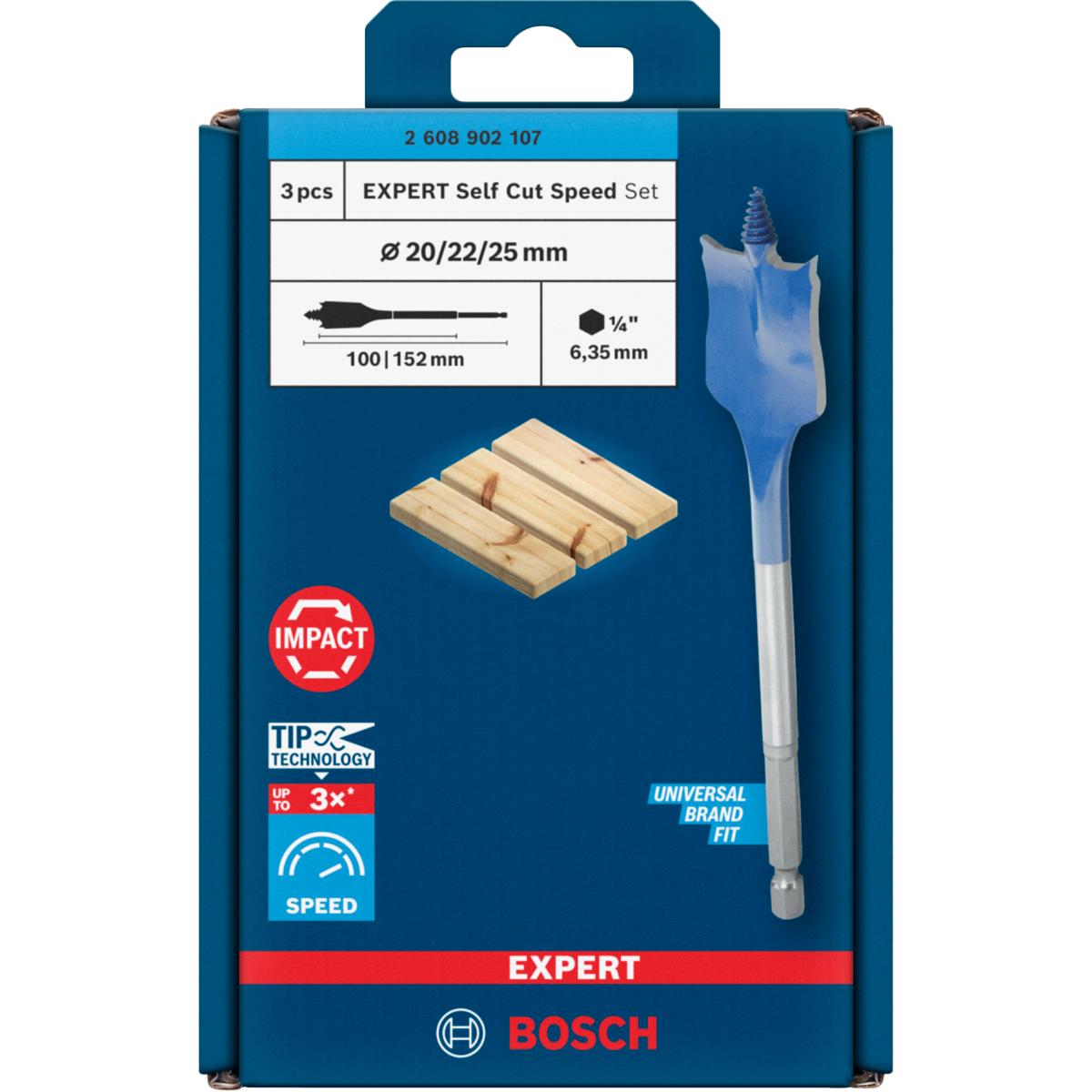 Bosch EXPERT Self Cut Speed Flachfräsbohrer-Set, 20/22/25 mm, 3-Stück
