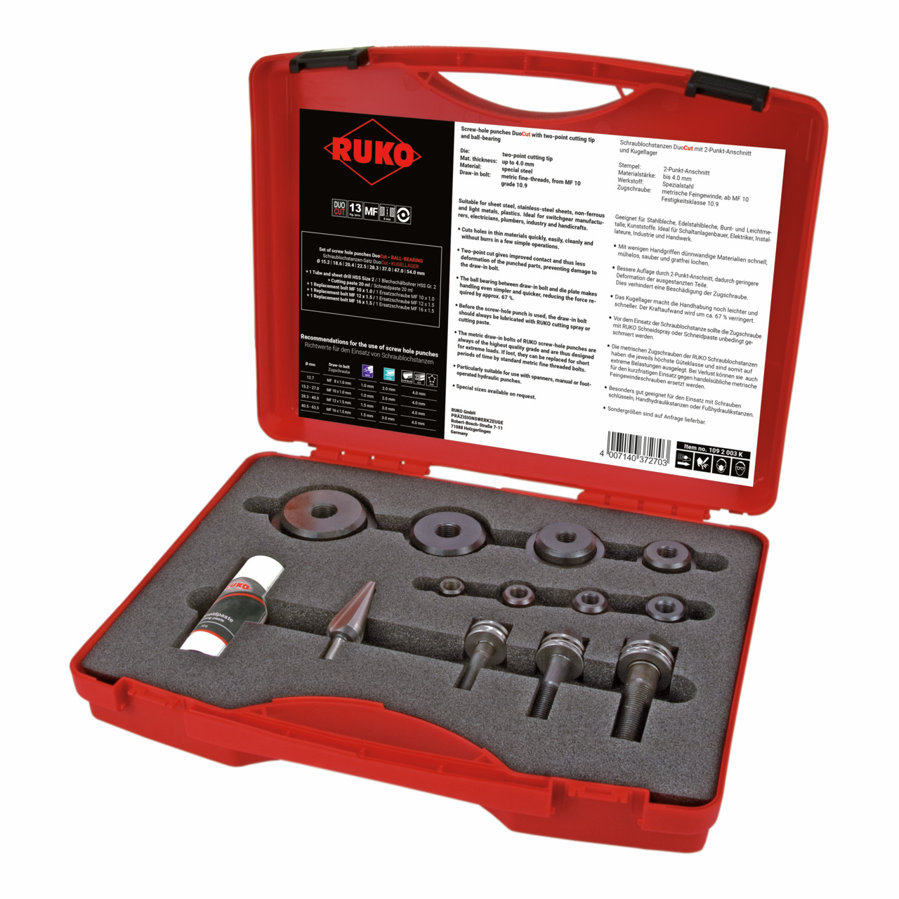 RUKO Schraublochstanzen-Satz mit Kugellager im Kunststoffkoffer - 10-tlg.
