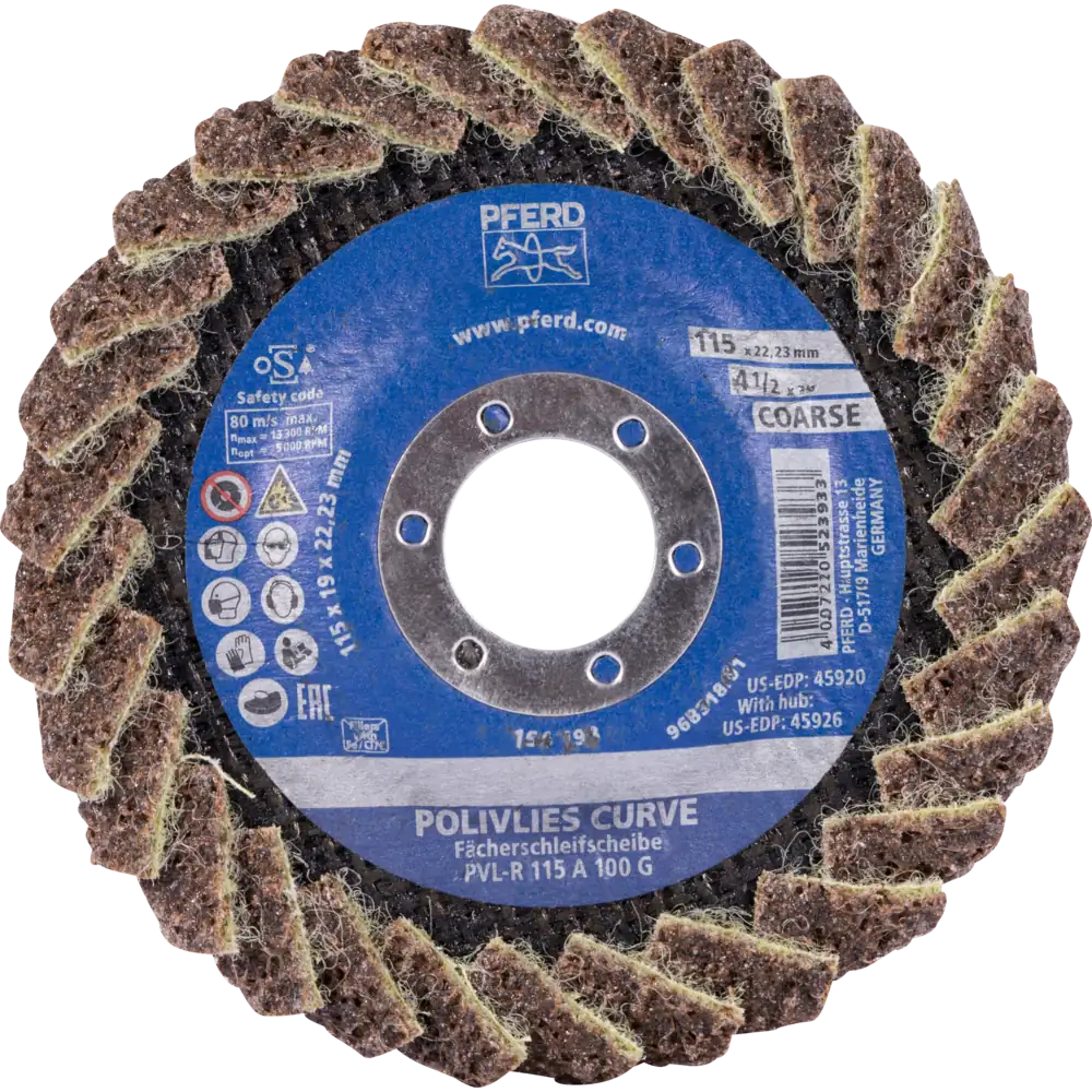 PFERD TOOLS POLIVLIES-CURVE Lamellenscheibe PVL-R Korund Ø 115 mm Bohrung 22,23 mm A100G