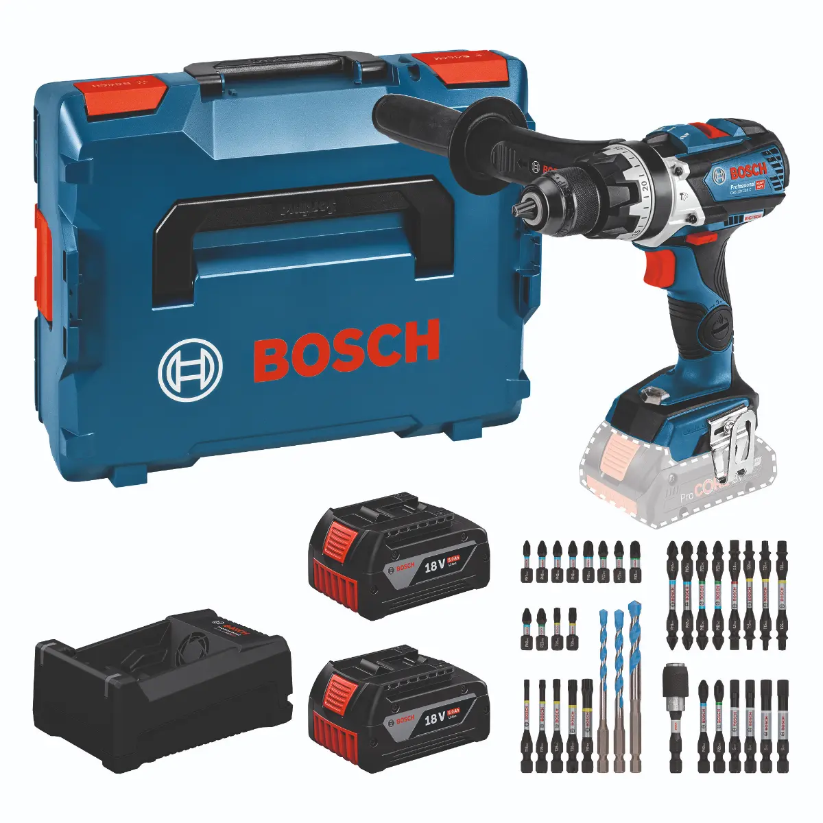 Bosch Werkzeug-Set: GSB 18V-110 C + 2x GBA 5.0Ah + GAL 12V/18V-80 + Bit-Set in L-BOXX