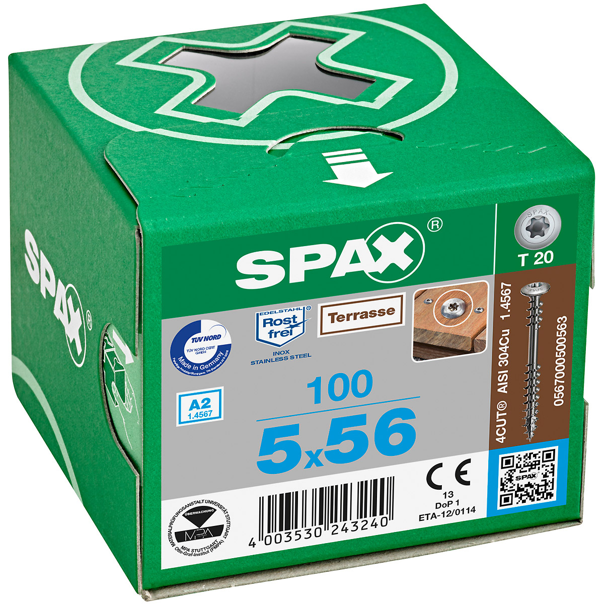 SPAX Terrassenschraube Bold Flachrundkopf T-Star Plus T20 Fixiergewinde 4Cutspitze A2 rostfrei, 100
