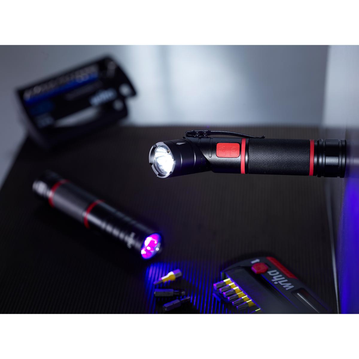 Wiha Taschenlampe mit LED, Laser und UV Licht mit 3x AAA-Batterien