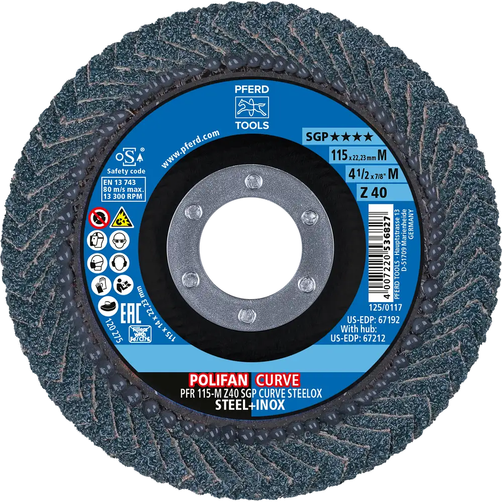 PFERD TOOLS POLIFAN CURVE Fächerscheibe PFR 115x22,23 mm Breite M Z40 SGP STEELOX für Stahl/Edelstahl (POS 2)