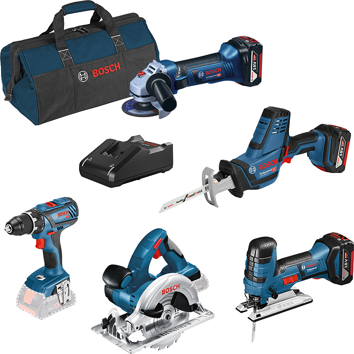 Bosch Combo Kit 5-tlg. 18V: GSR + GST + GWS + GKS + GSA + 3 x GBA 4,0 Ah + GAL