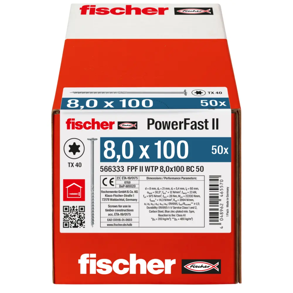 Fischer Holzbauschraube 8,0x100 FPF II WTP BC, Tellerkopf, Innenstern TX, Teilgewinde, blauverzinkt