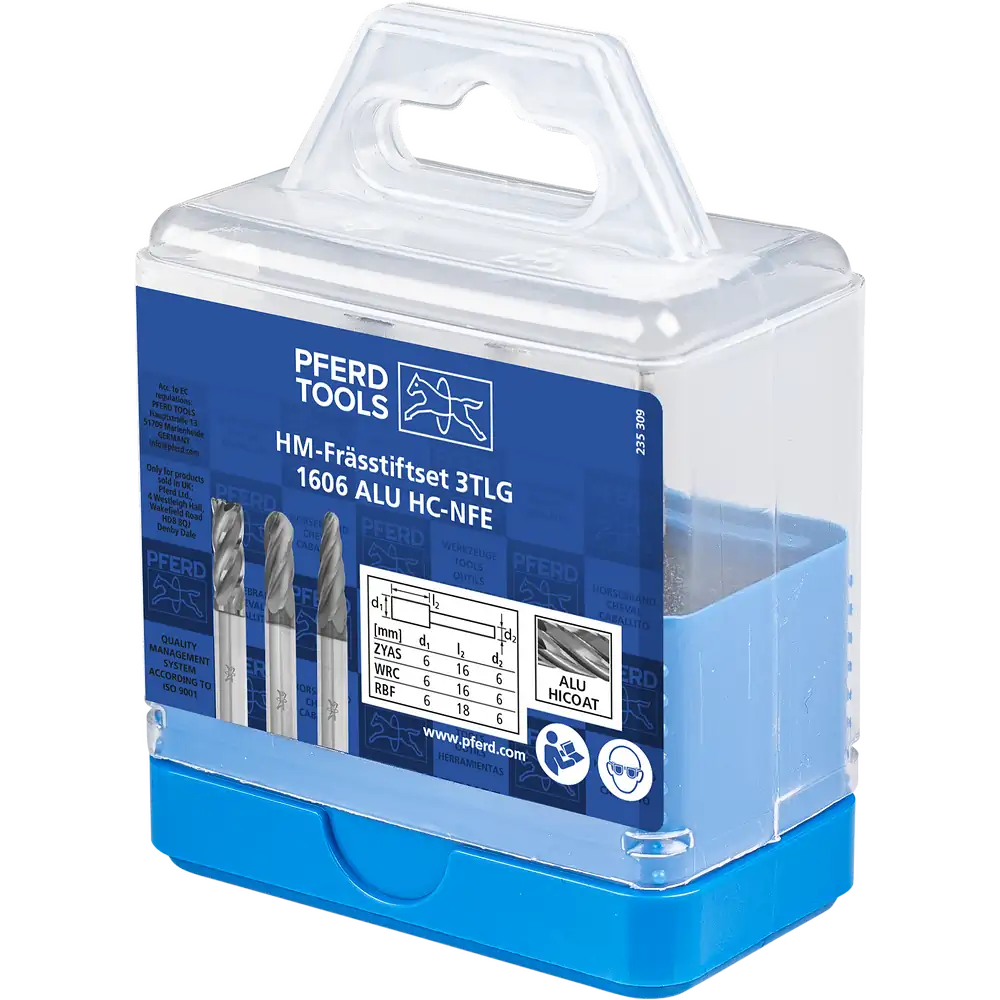 PFERD TOOLS Hartmetall Hochleistungsfrässtift Set 1606 ALU 3-tlg Ø 6mm Schaft-Ø 6mm HICOAT beschichtet beschichtet für für Alu/NE Metalle