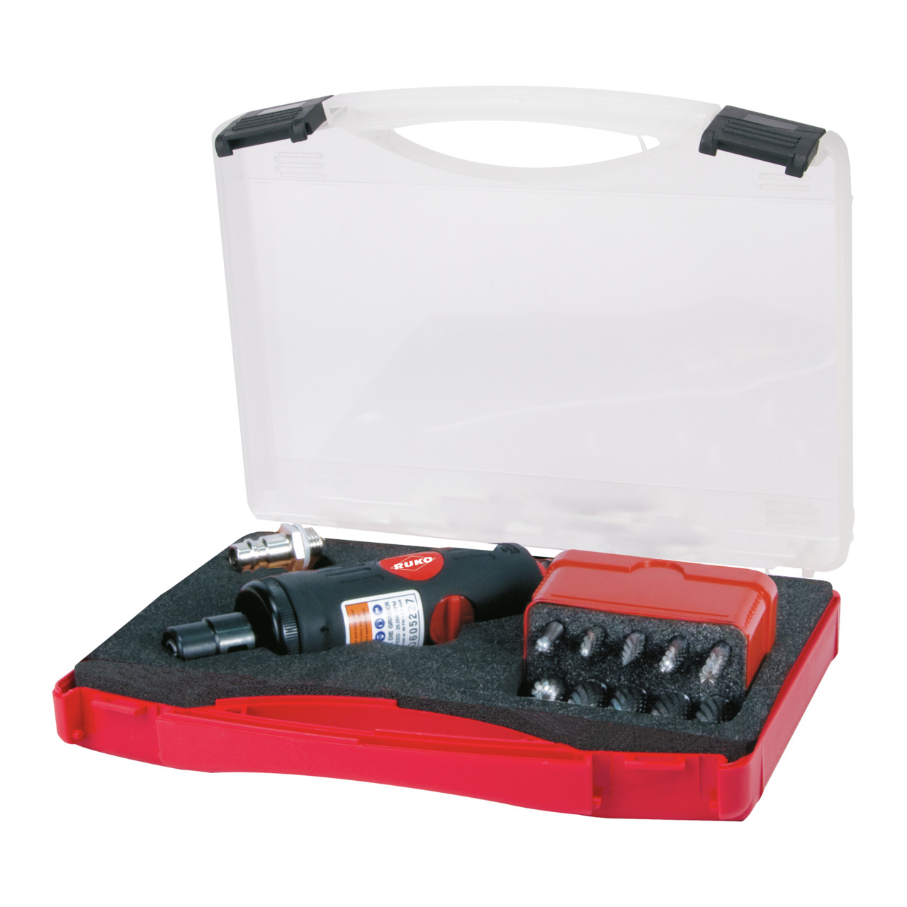 RUKO Druckluftschleifer-Satz mit Kupplungsstecker inklusive Frässtifte-Satz im Kunststoffkoffer - 12-tlg.