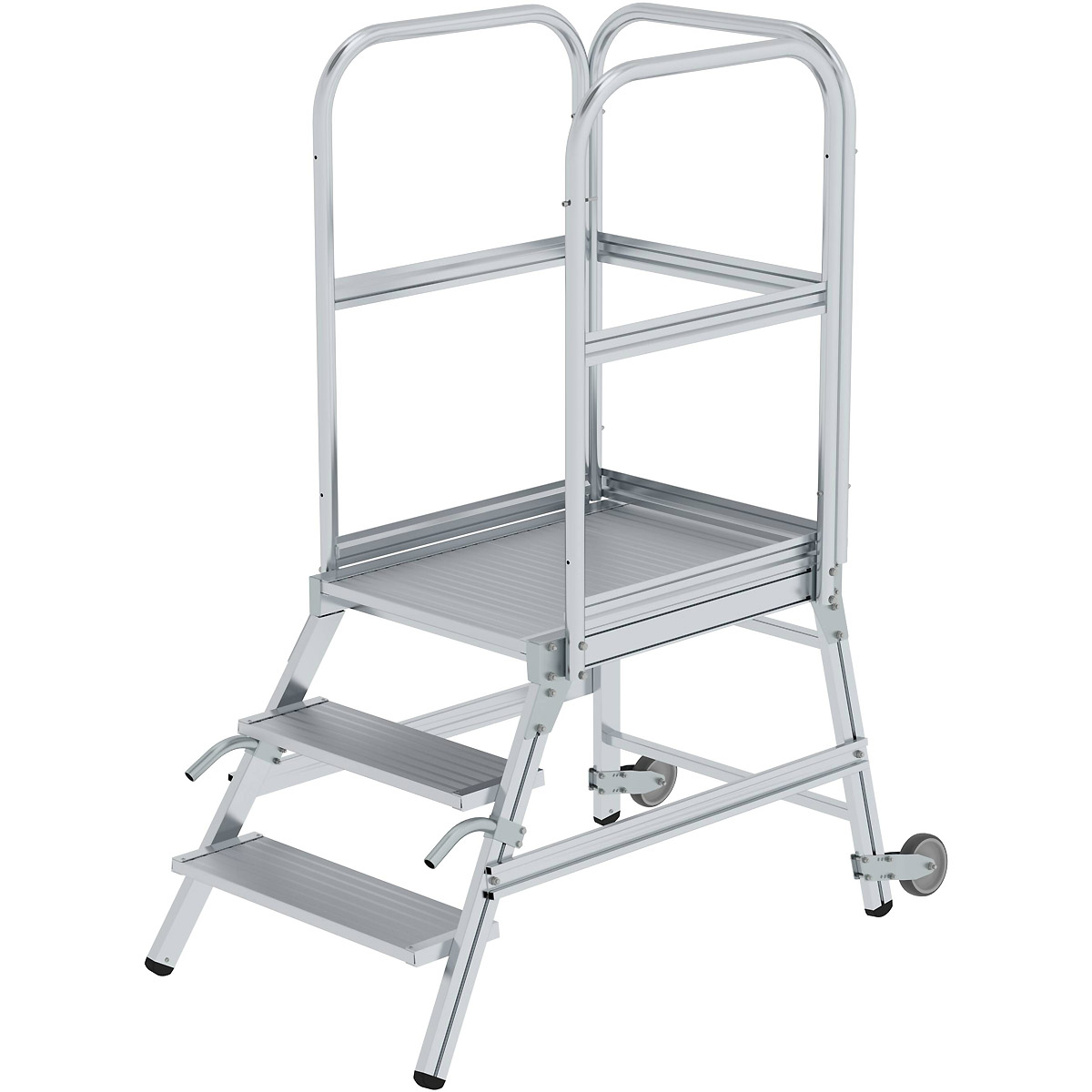 Munk Podesttreppe einseitig begehbar mit Rollen und Griffen Aluminium geriffelt