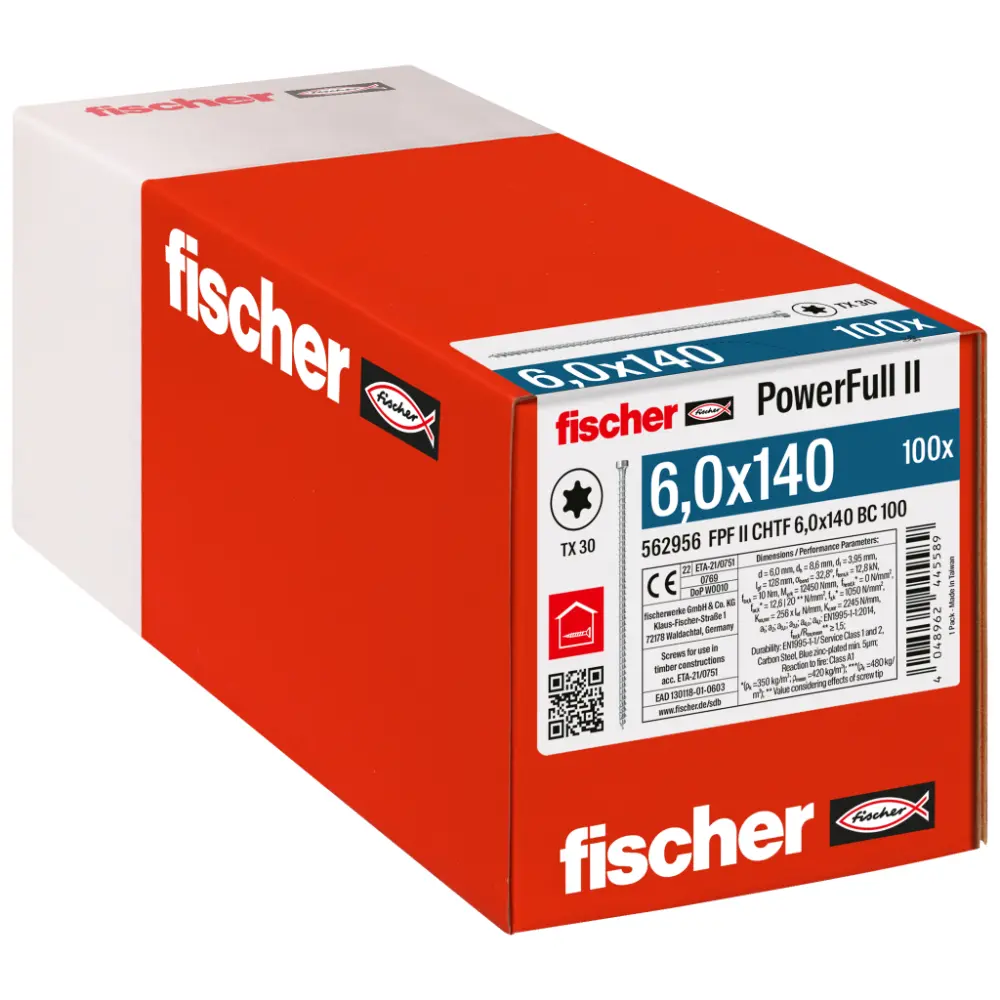 Fischer Vollgewindeschraube 6,0x140 PowerFull FPF II CHTF 6/8 BC, Vollgewinde, Zylinderkopf, TX