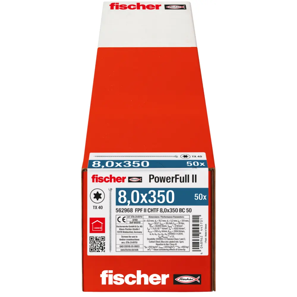 Fischer Vollgewindeschraube 8,0x350 PowerFull FPF II CHTF 6/8 BC, Vollgewinde, Zylinderkopf, TX