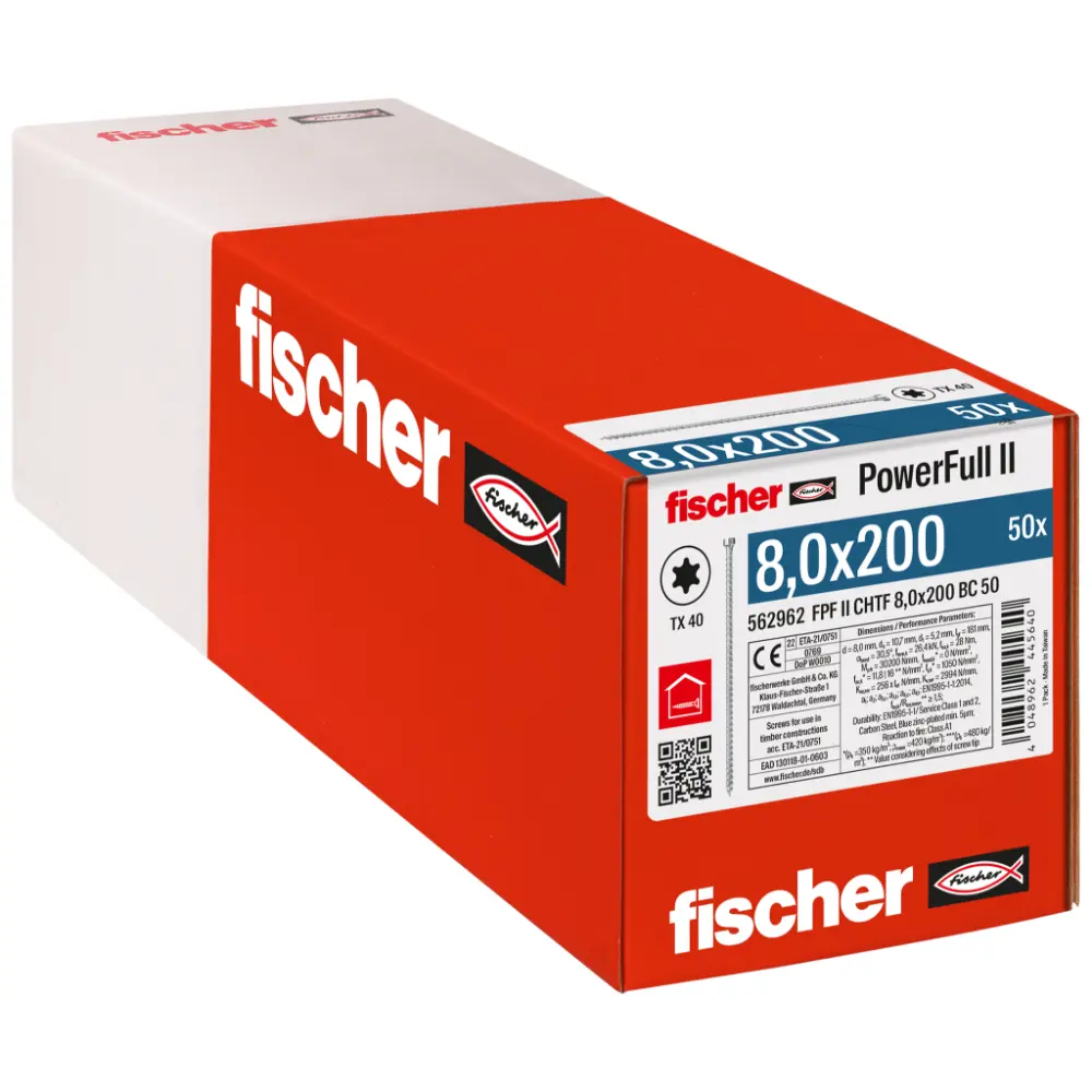 Fischer Vollgewindeschraube 8,0x200 PowerFull FPF II CHTF 6/8 BC, Vollgewinde, Zylinderkopf, TX