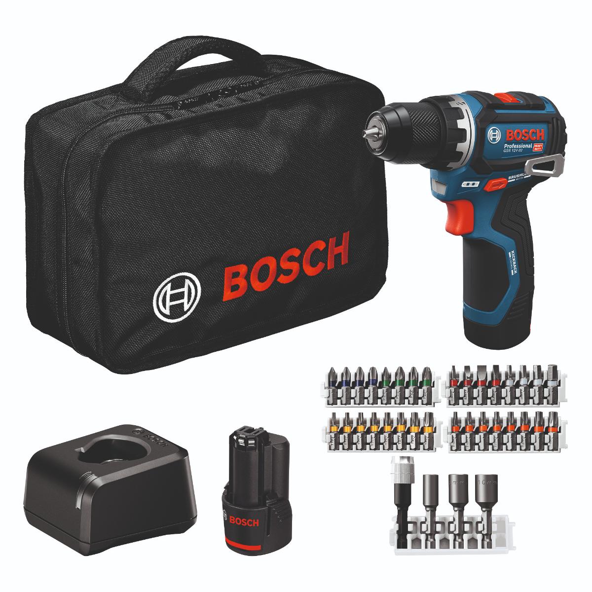 Bosch Akku-Bohrschrauber GSR 12V-32, 2x GBA 12V 2.0Ah, 36-teiliges Set Zubehör, Werkzeugtasche