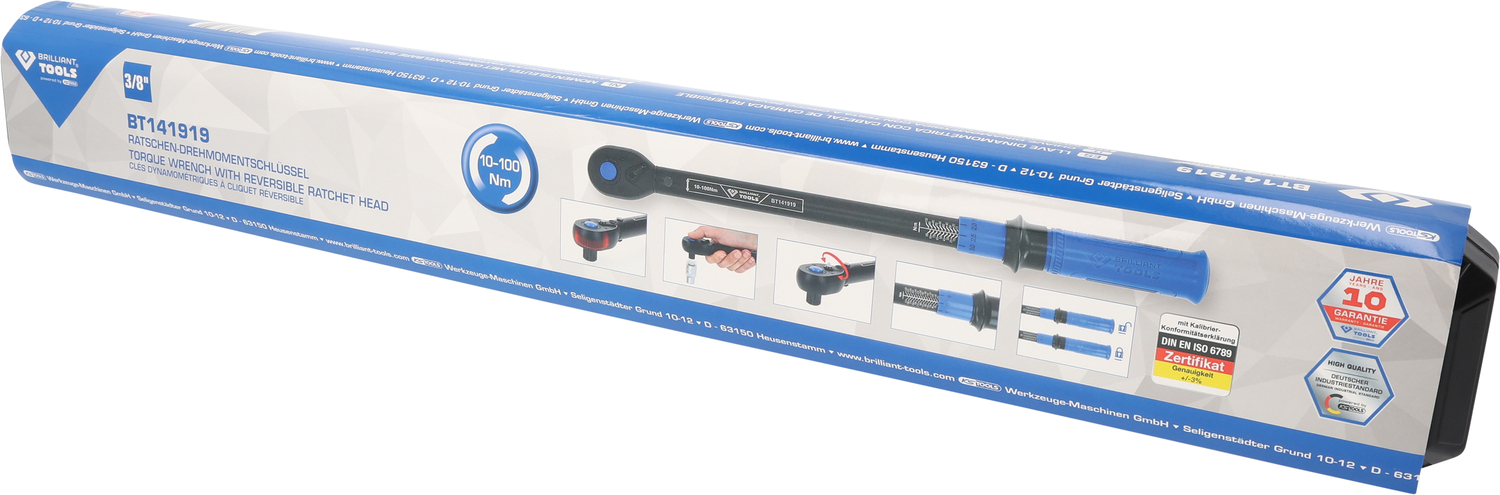 Brilliant Tools 3/8" Ratschen-Drehmomentschlüssel umschaltbar, 10-100 Nm