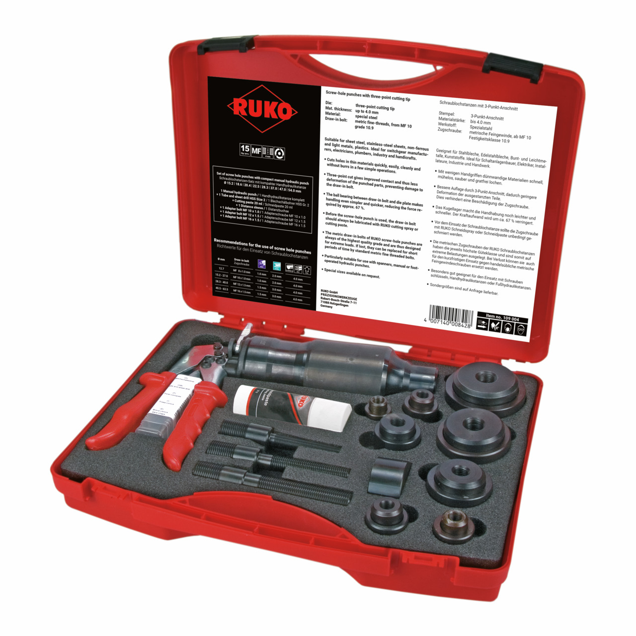 RUKO Schraublochstanzen-Satz mit kompakter Handhydraulikstanze im Kunststoffkoffer - 14-tlg.