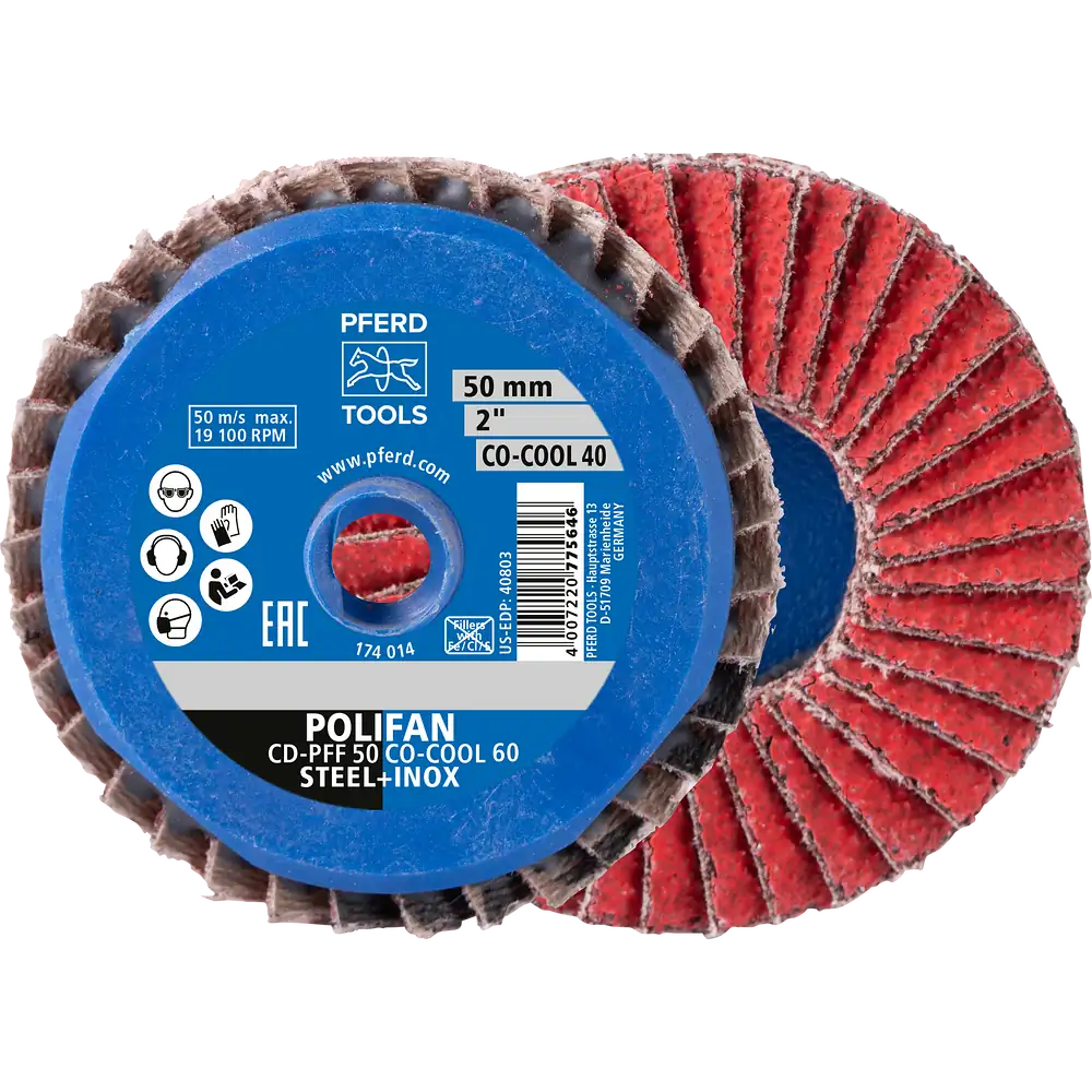PFERD TOOLS COMBIDISC Keramikkorn Mini-POLIFAN CDR Ø 50mm CO-COOL120 für kühlen Schliff auf Edelstahl