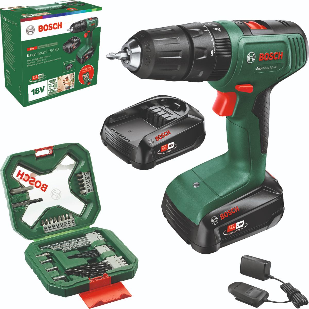 Bosch Akku-Schlagbohrmaschine EasyImpact 18V-40, 2 x Akku PBA 18V 2.0Ah im Tragekoffer