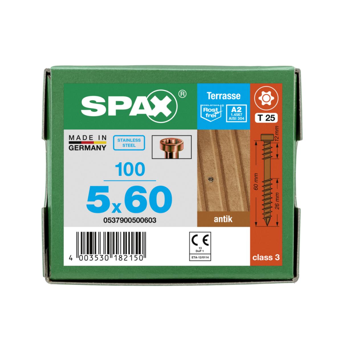 SPAX Terrasse A2 Zylinderkopf T-Star Plus T25 Fixiergewinde Cut antik, 100 Stück