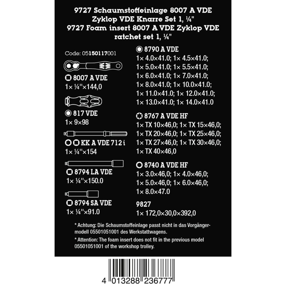 Wera 9727 Schaumstoffeinlage 8007 A VDE Zyklop VDE Knarre Set 1, 1/4"