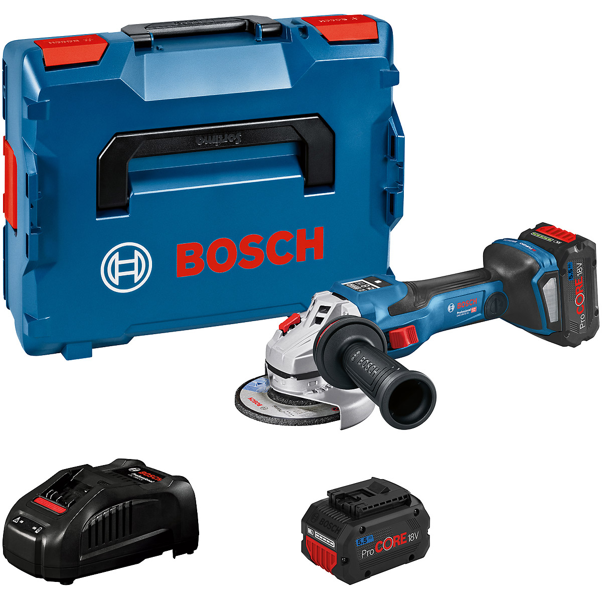 Bosch Akku-Winkelschleifer BITURBO GWS 18V-15 SC: 2x Akku 5.5Ah Schnellladege. L-BOXX