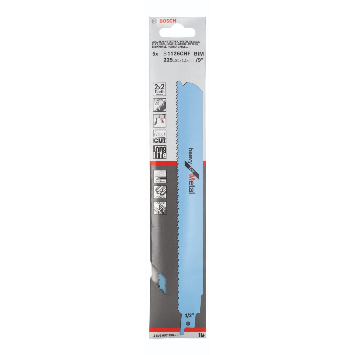 Bosch Säbelsägeblatt S 1126 CHF, Heavy for Metal, 5er-Pack