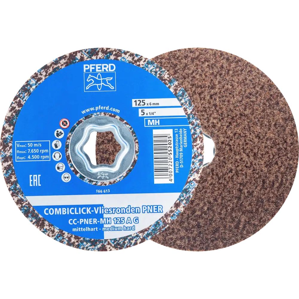 PFERD TOOLS COMBICLICK verpresste Vliesronde CC PNER Ø 125 mm Mittelhart A Grob für Finish 