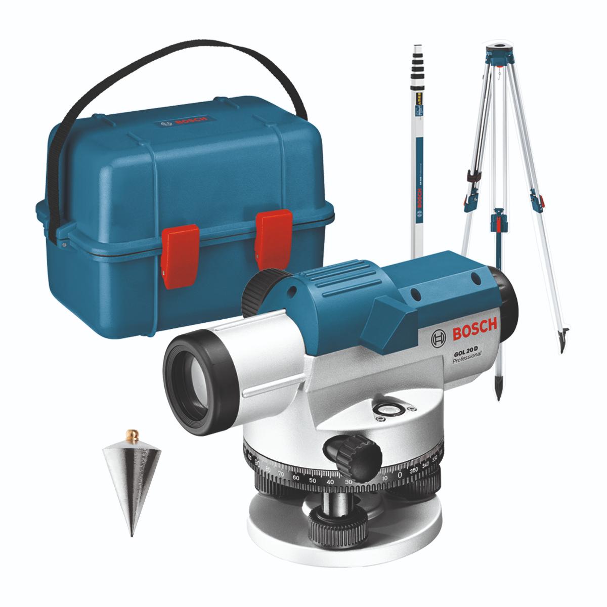 Bosch Optisches Nivelliergerät GOL 20 D, mit Baustativ BT160, Messstab GR 500