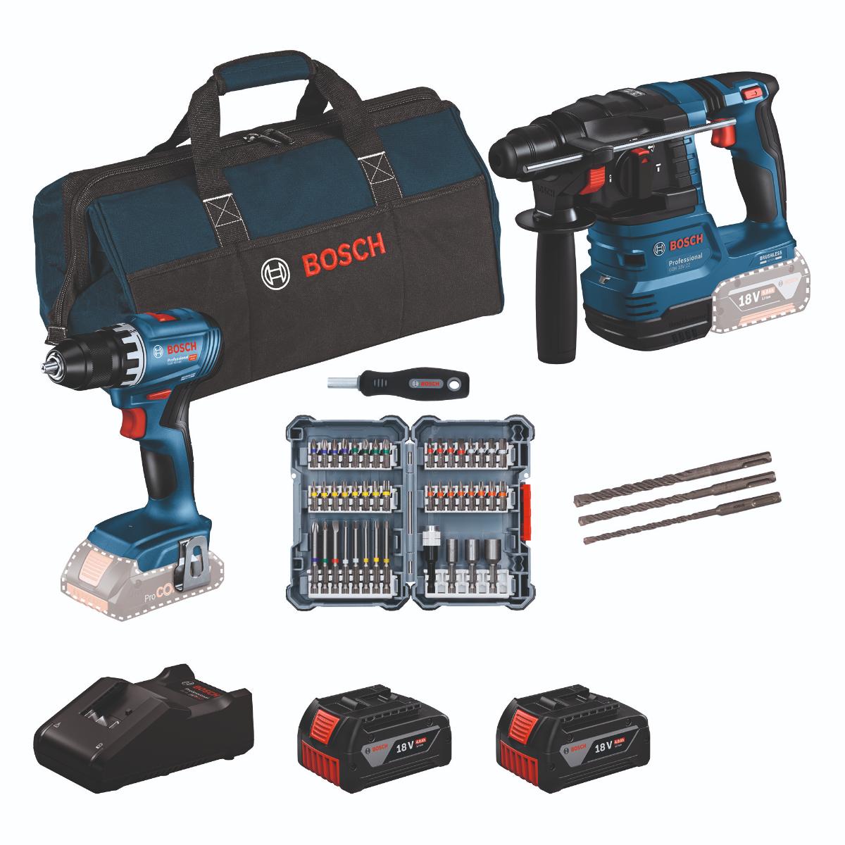 Bosch Combo Kit 2 x 18V-Set: GSR + GBH + 2 x Bit-Set + 2 x GBA 18V 4.0 Ah + GAL 18V-40
