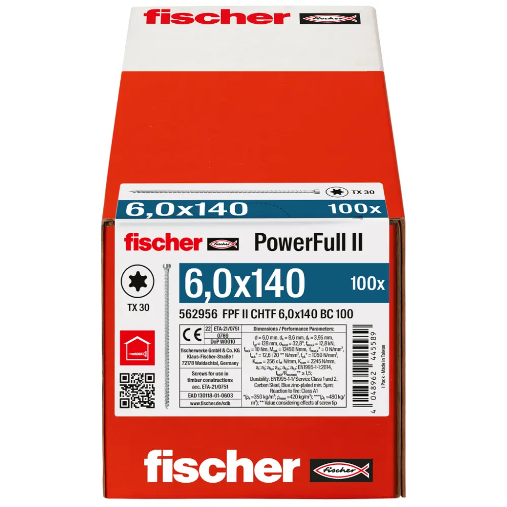Fischer Vollgewindeschraube 6,0x140 PowerFull FPF II CHTF 6/8 BC, Vollgewinde, Zylinderkopf, TX