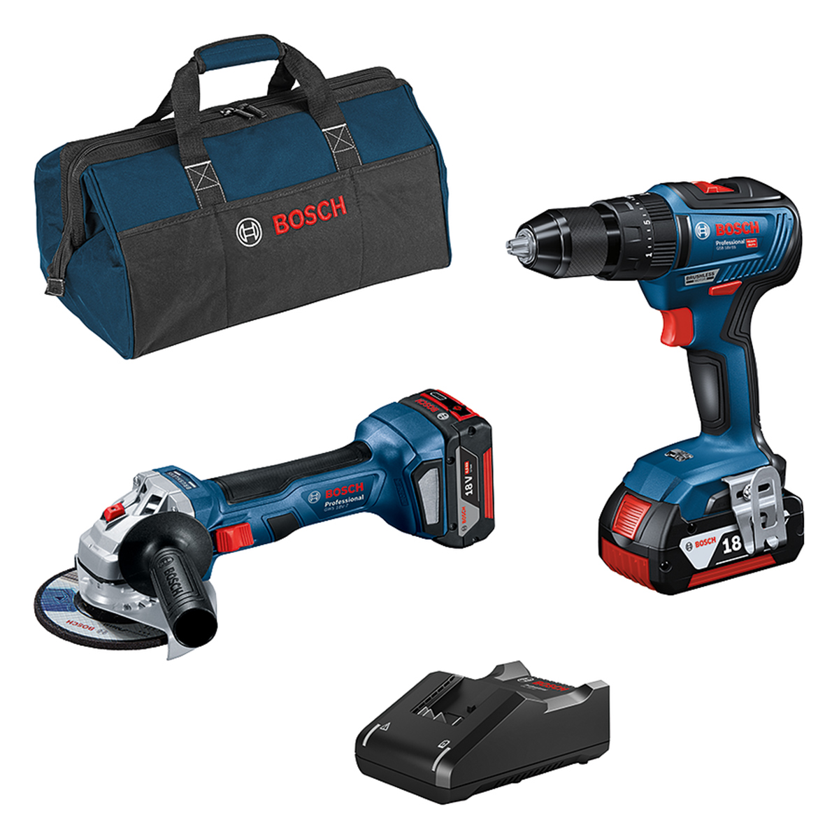 Bosch 18V Combo Kit, GSB 18V-55, GWS 18V-7 + Schnellladegerät, 2 x Akku und Tasche