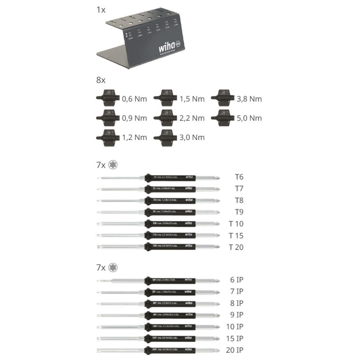 Wiha Drehmoment-Schraubendreher mit Schlüsselgriff Set easyTorque Key Torx , TorxPlus 23-teilges Set fest voreingestellte Drehmomentbegrenzung im Werkbankständer