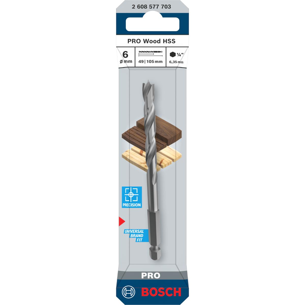Bosch PRO Wood HSS-Holzspiralbohrer, 6x49x105 mm