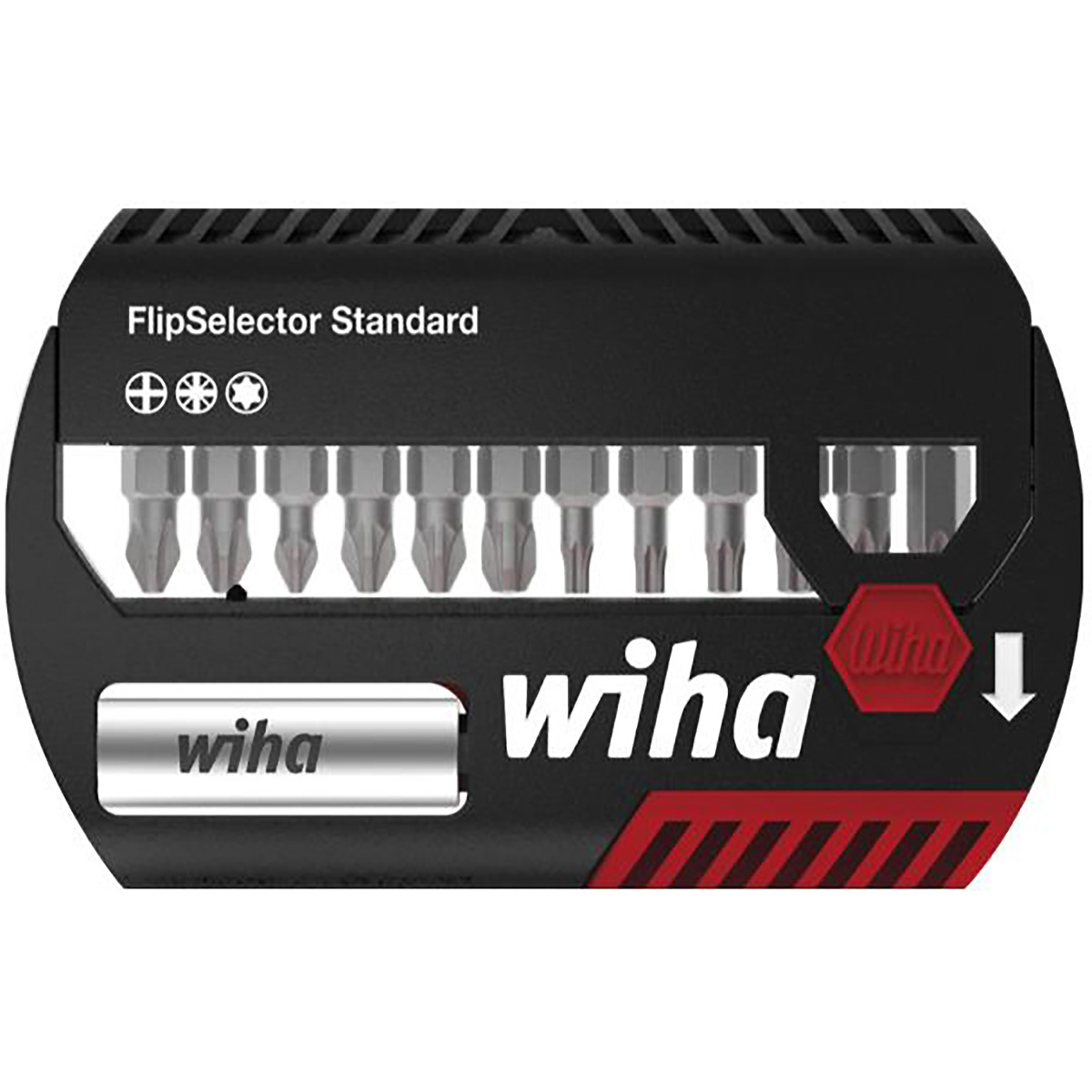 Wiha Bit Set FlipSelector Standard 25 mm Phillips, Pozidriv, TORX 13-teilges Set 1/4 zoll C6,3 mit Gürtelclip