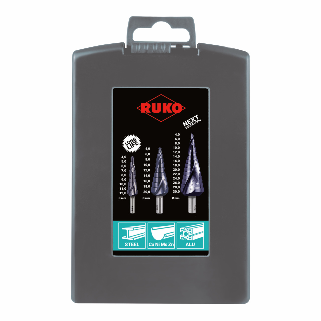 RUKO Stufenbohrer-Satz HSS TiAlN spiralgenutet - 3-tlg.
