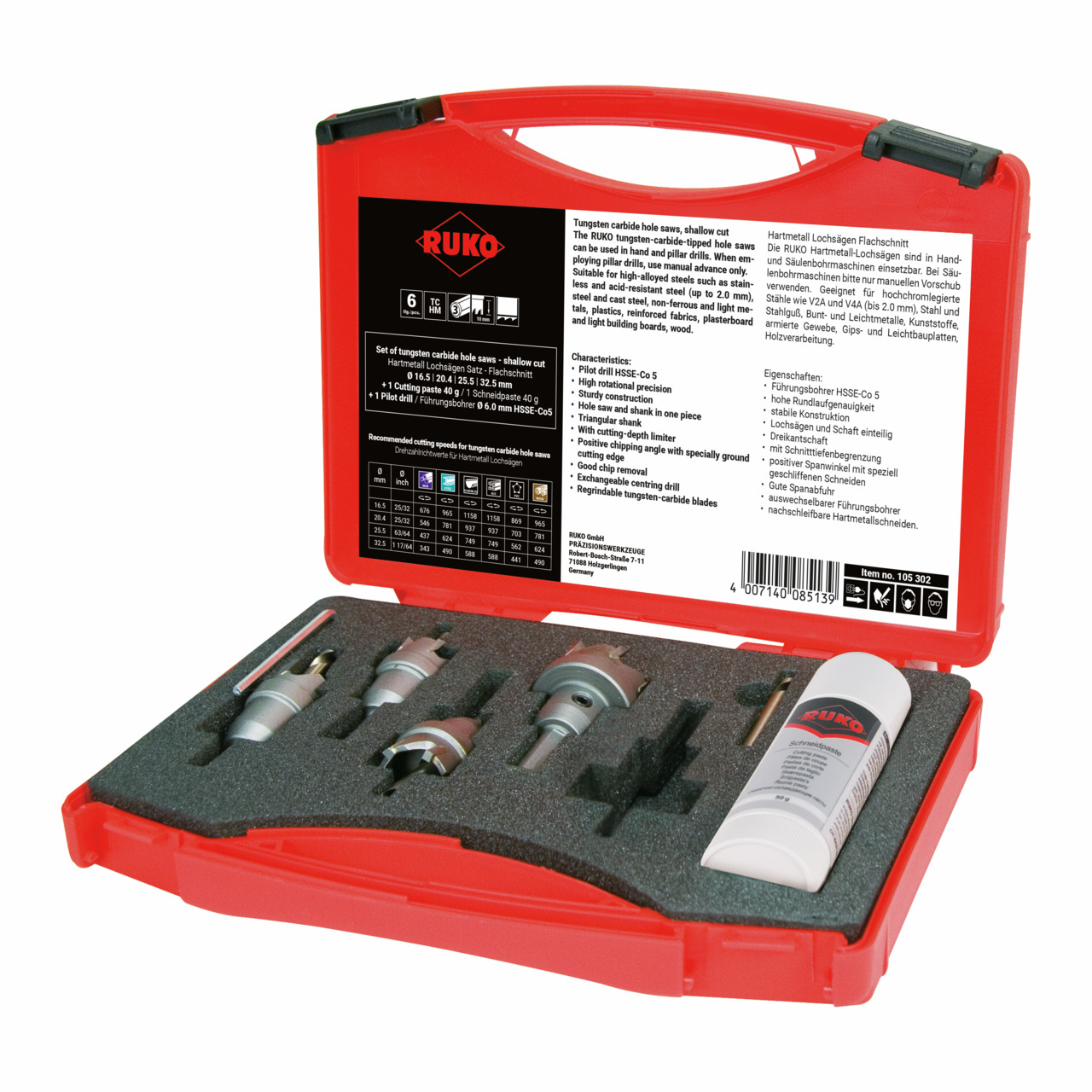 RUKO Hartmetall-Lochsägen-Satz Flachschnitt-Satz -6-tlg.